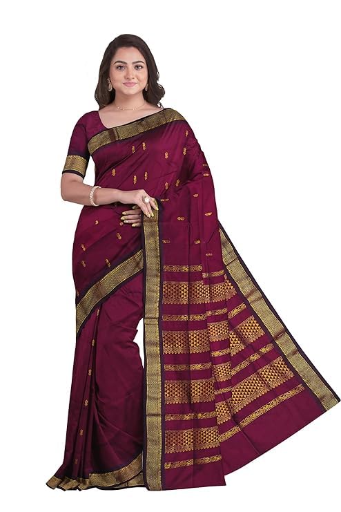 Image of Women's Premium Kanjivaram Cotton Silk Saree South Indian Paithani Sari | Gadwal Cotton Sarees Zari Border with Blouse Piece - Elegant Wedding & Festival Saree | Lightweight & Comfortable Brown 01