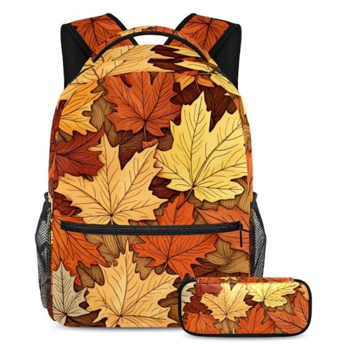 Sac à dos motif feuilles de Thanksgiving multicolore avec trousse assortie pour ados