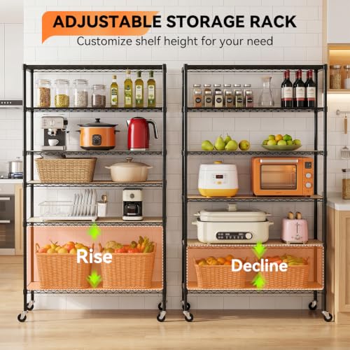 Image of BestOffice | 6-Tier Wire Storage Shelves with PP Shim | 18x45x82 | Black | Wheels | Adjustable Racks | Heavy-Duty Metal Shelf, Holds Upto 2100 lbs | No-Tool Assembly | Ideal for Home & Garage Shelving