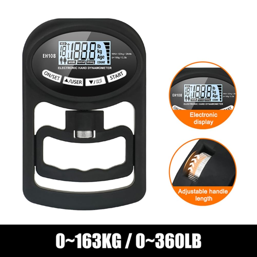Probador de Fuerza de Agarre 265Lbs/120Kg DinamóMetro de Mano Digital Medidor de Fuerza de Agarre USB Pantalla LCD, Negro
