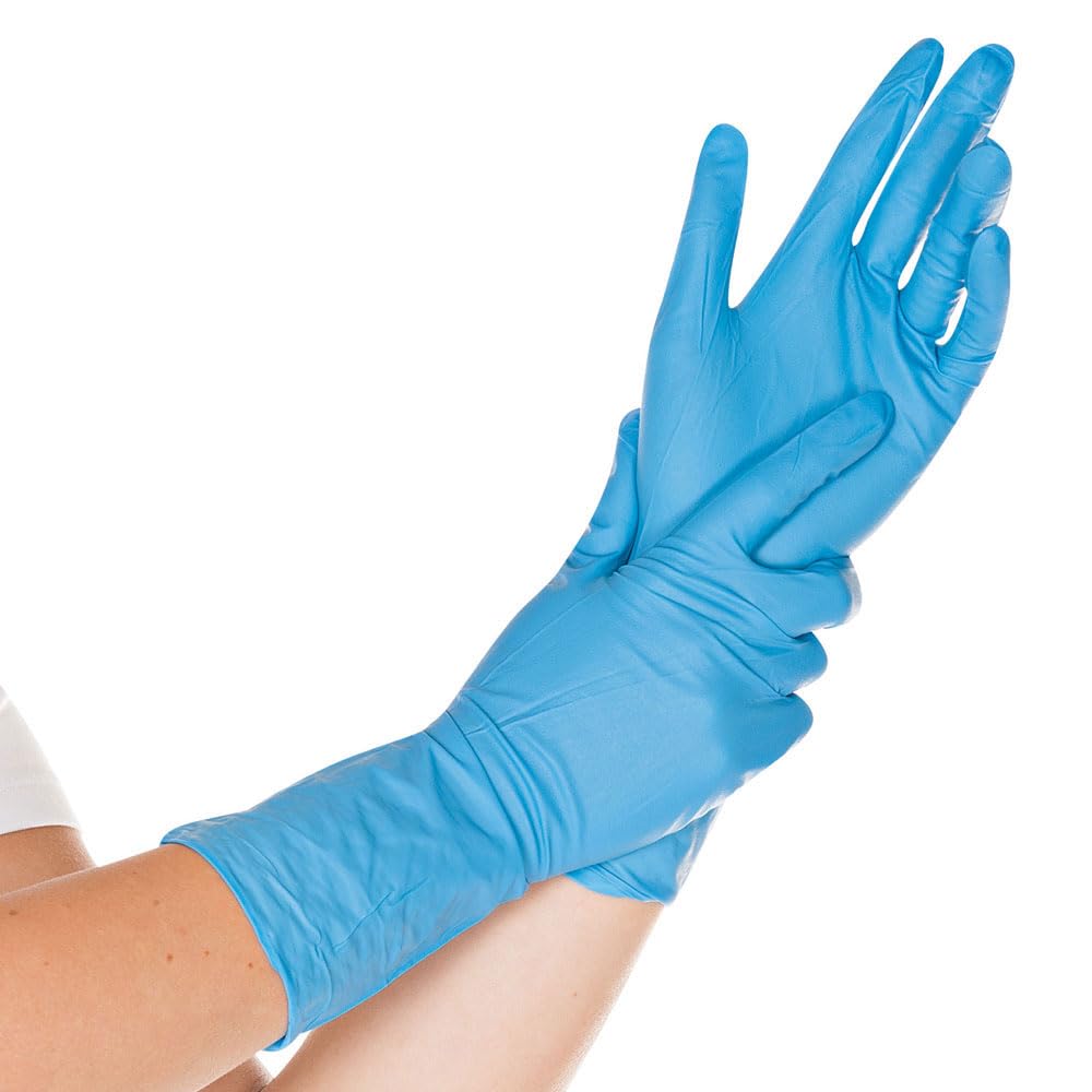 FRANZ MENSCH 500 Stück Hygostar Chemikalienschutzhandschuhe Super High Risk | Nitril, blau, 8/M, L: 30cm, Karton, Schutzhandschuhe, Chemie-Handschuhe, Latexhandschuhe