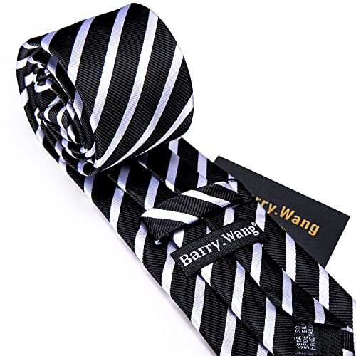 Image of Barry.Wang Tie Sets for Men Silk Stripe Necktie Woven Checkered Handkerchief Cufflinks Formal Business Wedding