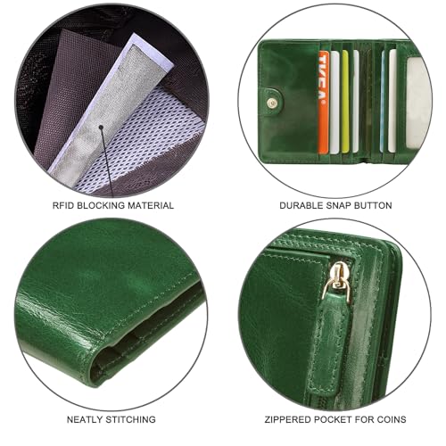 Itslife Women's Rfid Blocking Small Compact Bifold Leather Pocket Wallet Ladies Mini Purse with id Window (Waxed Dark Green)4