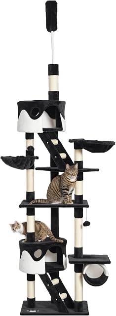 PawHut Cat Tower for Large Cats Adult, Floor to Ceiling Cat Tree Adjustable Height 94"-102" Multi-Level with Scratching Posts, Cozy Hammock, Pompoms, White