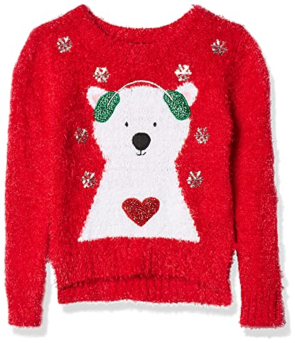 Blizzard Bay Little Girl's L/S Crew Neck Polar Bear in Headphones Christmas Sweater Sweater, Christmas red Combo, 6X