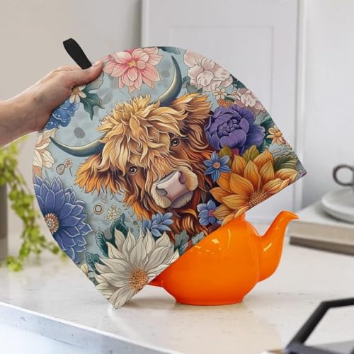 Image of Highland Cow Tea Cozy for Teapot - Insulated Showy Flower Pot Cover, Bohemia Cattle Wildlife Kettle Kitchen Dust Cover