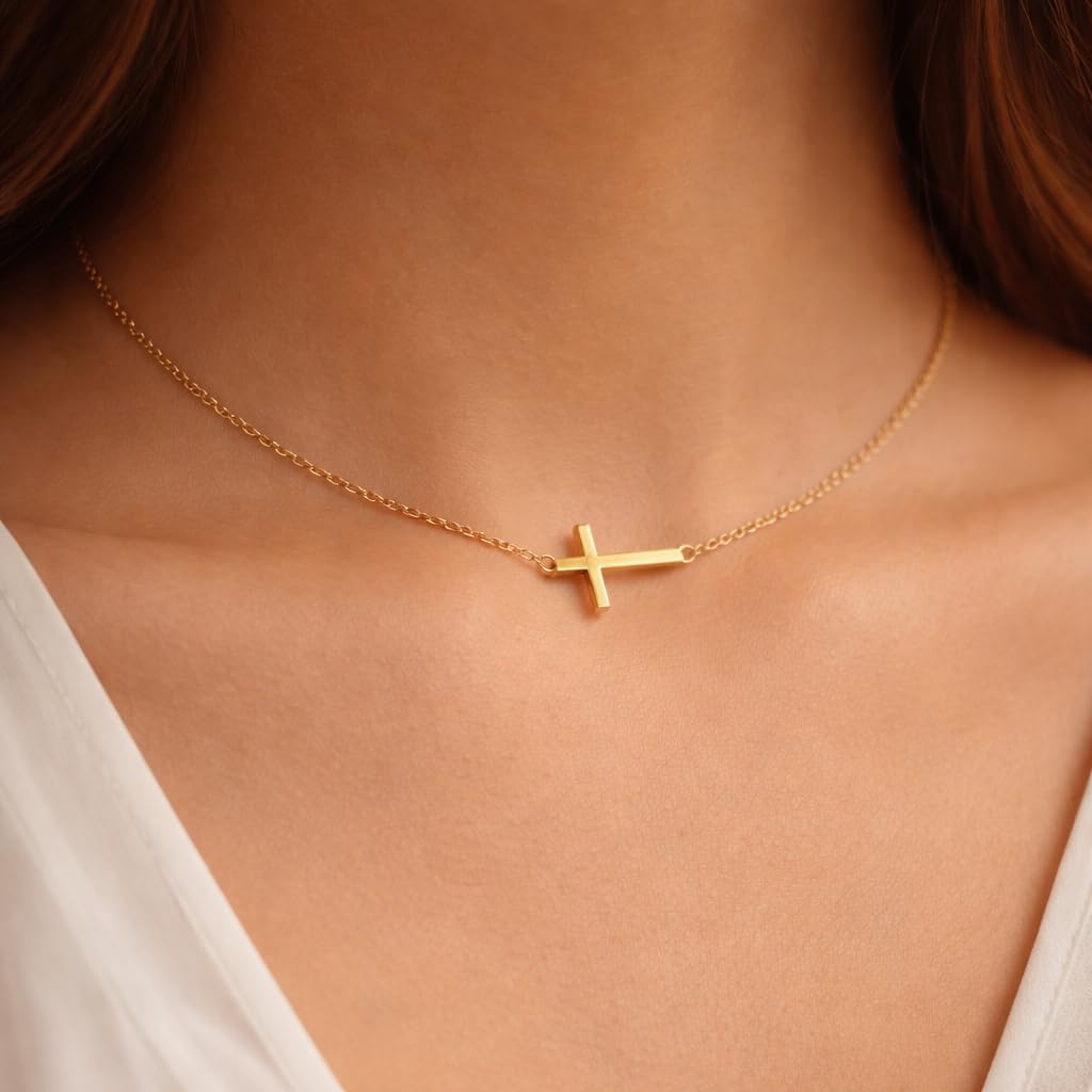 18K Gold Plated Sideways Cross Necklace for Women, Dainty Minimalist Pendant, Stainless Steel, Adjustable Layering Chain, Simple Christian Jewelry Gift, Waterproof - Image 2