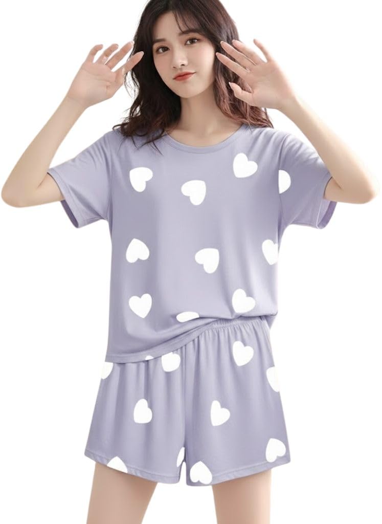 Women Korean Shorts Pajama Set Cotton Blend Nightwear Set Top & Shorts Sleepwear Lounge Wear Soft Comfortable Night Suit Ladies Summer Night Dress Co-Ord Home Wear Set