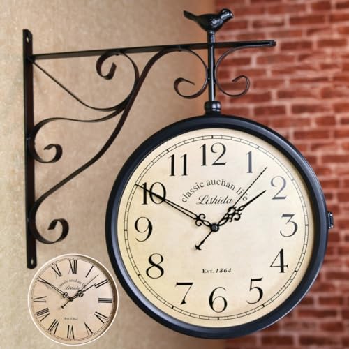 Bxzzuis掛け時計 両面 壁掛け時計 ビンテージ 北欧 おしゃれ 360度回転 電池式 装飾 ウォールアート 壁時計 屋内 屋外 庭 テラス バー 時計 (模様4)