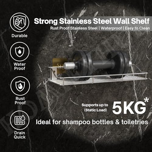 Image of Stainless Steel Bathroom Wall Shelf Without Drill | Self Adhesive No Drill Wall Shelf Storage for Bathroom Kitchen | Wall Mounted Washroom Organiser Shelf Magic Sticker Rustproof (Set of 4)