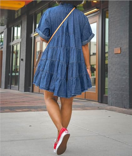 Image of Sexyshine Women's Denim Babydoll Dress Short Sleeve Button Down Flowy Tiered Jeans Mini Shirt Dress
