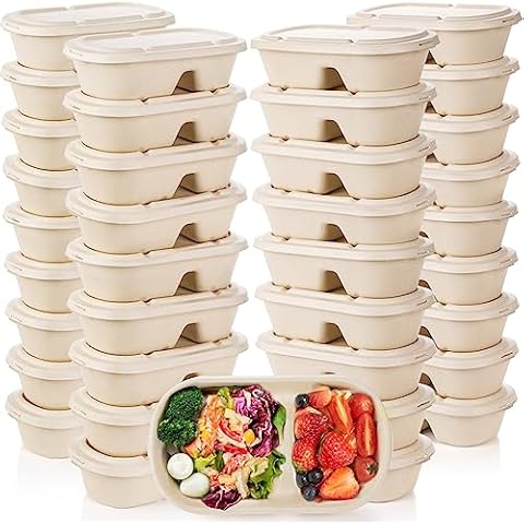 Yesland 50 Pcs Compostable Take Out Food Containers with Lid, 33 oz Bagasse to Go Container 2 Compartment Rectangular Disposable Paper Bowl, Meal Prep Food Container for Salad Leftovers Cover