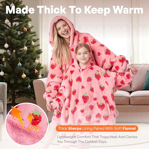 Image of Giggling Getup Wearable Blanket Hoodie for Girls and Boys Warm Cozy Sherpa Fleece Hooded Blanket Sweatshirt Oversized Hoodie with Giant Pocket & Sleeves for Kids Strawberry
