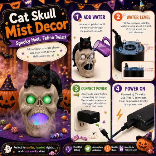 Estatua de Calavera de Halloween con Gato Negro, Máquina de Humo con Ojos LED que Brillan, Centro de Mesa Gótico de Resina de Mármol Artificial Pintada a Mano para Repisa miniatura 2