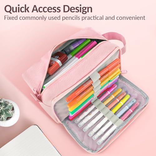 Image of Sooez Original High Capacity Pencil Case, Big Pencil Bag Pouch Box Organizer Pen Case, Aesthetic Supply for Girls Adults, Portable Journaling Supplies with Easy Grip Handle & Loop, Pink