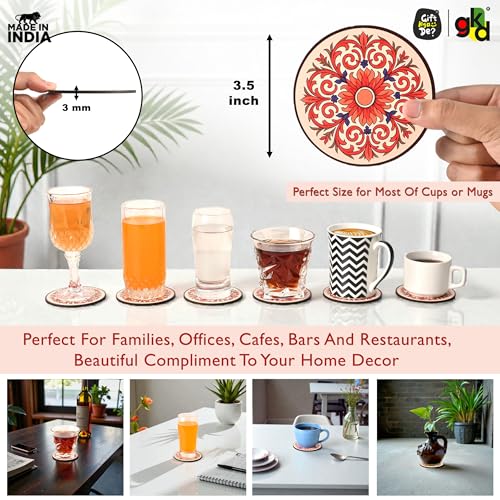 Image of GKD Flower Coasters Wooden Tea & Coffee Coaster Set of 6 with Stand | Heat & Water Resistant Table Coaster for Cups, Mugs & Glasses (Flower Coasters)