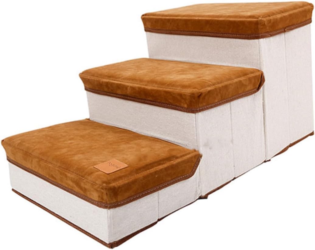 MERRYHAPY Foldable Three-Step Dog Stair Ramp Ladder with Non-Slip Surface, Indoor Pet Stair for Puppies and Small Dogs, Brown Compact Pet Ramp for Home Use