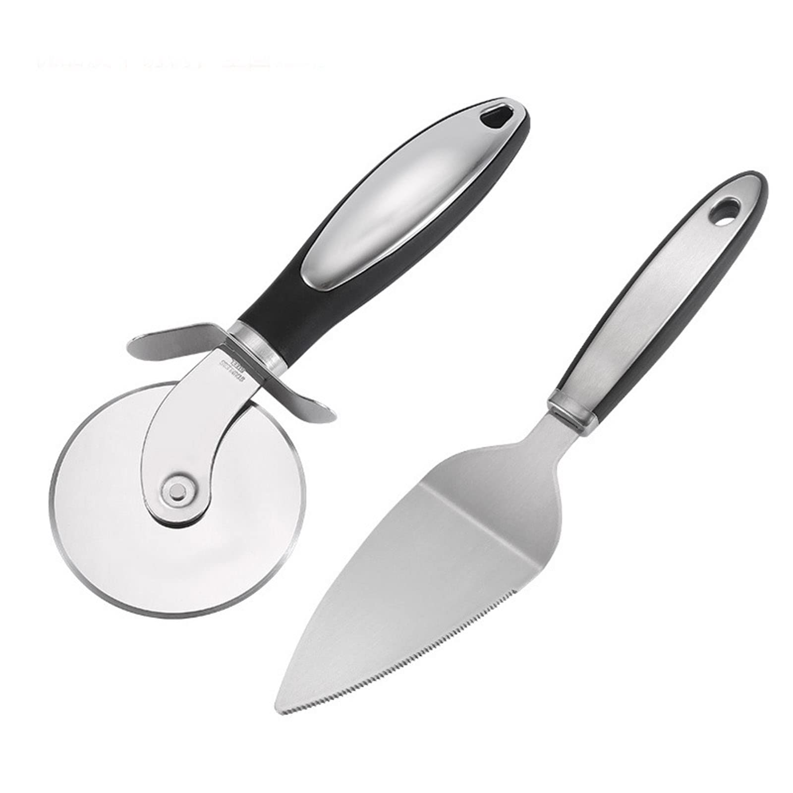 AKAZI Juego de Pala de Pizza con Rodillo de Acero Inoxidable de Dos Asas Pala de Pizza Circular de una Sola Rueda Utensilios de Cocina, Plata (A)