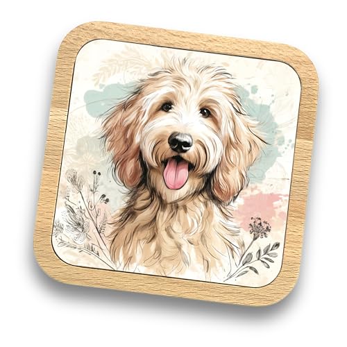 Posavasos de madera con diseño de Labradoodle, más de 20 razas disponibles. Regalo para papá de perro, mamá, amantes, propietarios, paseadores, peluqueros, regalo ideal con temática de perros para
