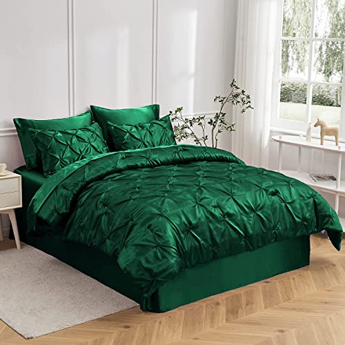 Dark Green Satin 1 Comforter Luxurious Pinch Pleat Bedding Set