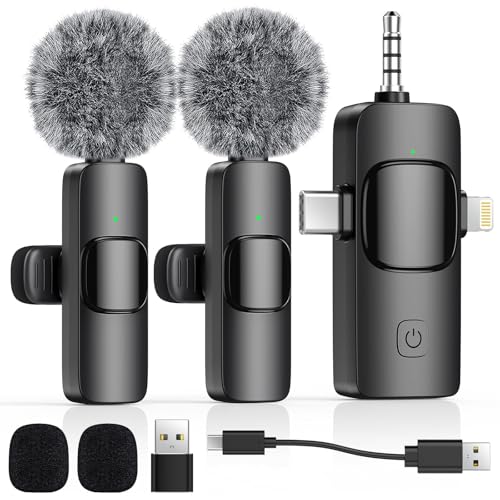 4 in 1 Wireless Lavalier Microphone for iOS, Andriod, Camera, PC - Noise Reduction Lapel Mini Microphone for iPhone Recording, Clip on Mini Lav Mic for Video Recording Tiktok YouTube Vlog