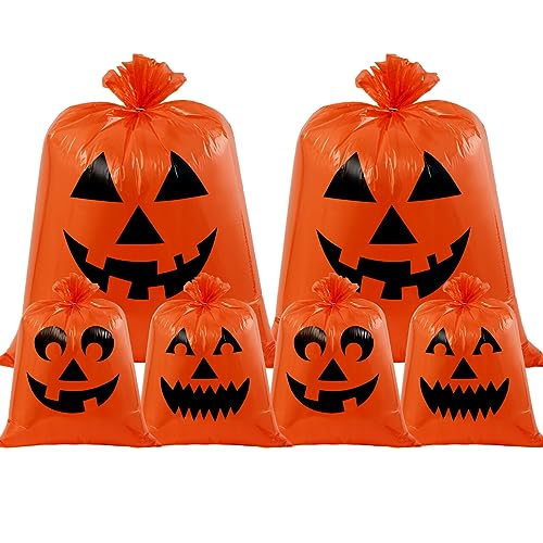JOYIN 6 Pcs Halloween Pumpkin Leaf Bags Plastic Lawn Bags for Yard Fall Leaf Halloween Decorations Jack o Lantern Reusable Trash Bag for Decor Party Favors Party Supplies