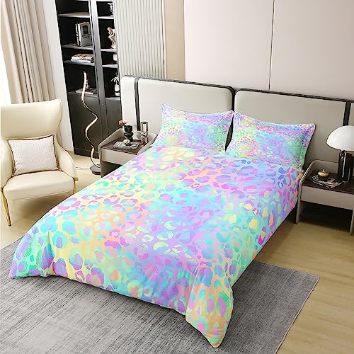 Leopard 100% Cotton Duvet Cover Cheetah Print Rainbow Bedding 100% Cotton Set Modern Leopard Design Colorful for Kids Room Decor Lightweight Quilt Cover with 1 Pillowcases 2Pcs Bedding Single Zipper - Image 3