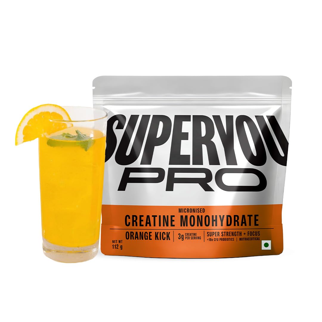 SuperYou Pro Micronized Creatine Monohydrate Powder | Orange Kick | 112g | 33 Servings | Micronized to 200 Mesh | Enhanced Muscle Strength with Rapid Absorption |Pre-Post Workout Supplement