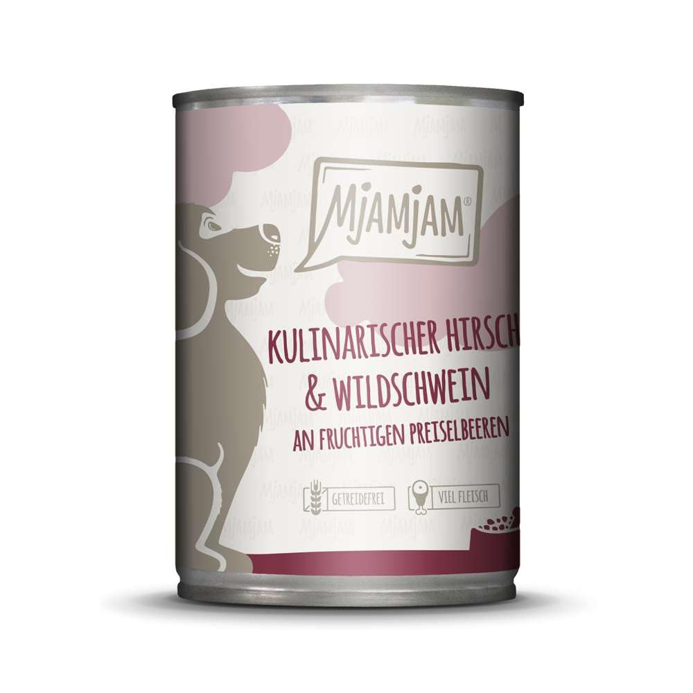MjAMjAM - nourriture humide premium pour chiens - cerf et sanglier culinaires aux canneberges, pack de 6 (6 x 400 g), sans céréales avec de la viande supplémentaire