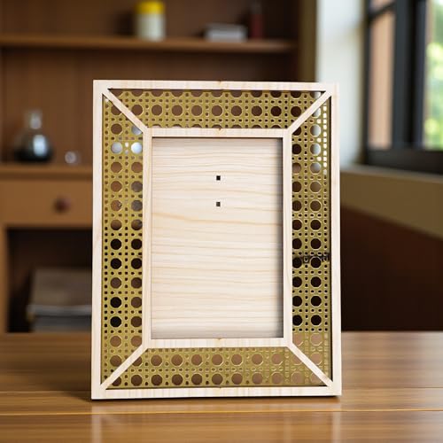 Image of Rectangle Wooden Photo Frame 23 x 18 cm | Decorative Picture Frame with Rattan Laser Cut Border & Clear Acrylic Front | Wall & Tabletop Display for Home Decor