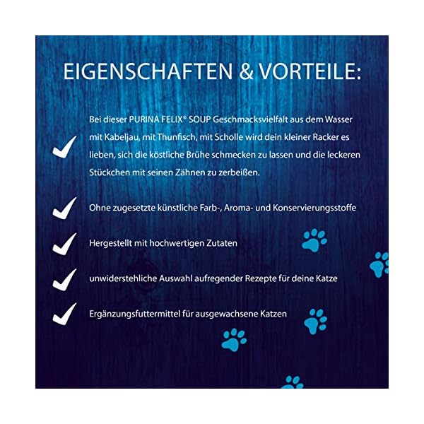 Felix Katzennassfutter Soup Geschmacksvielfalt aus dem Wasser mit Kabeljau, Thunfisch, Scholl, 8er Pack (6 x 48 g) Portionsbeutel – Bild 3