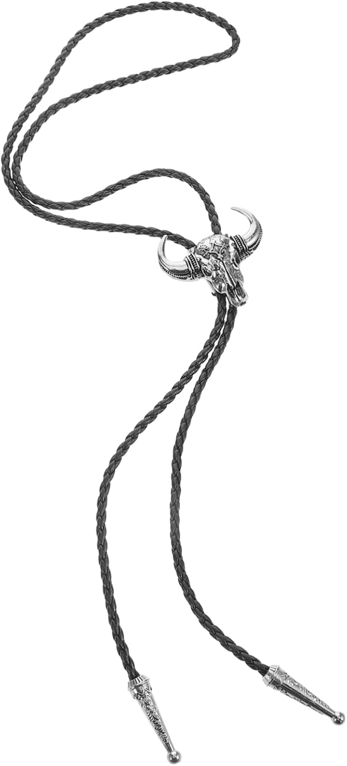 Bolo Tie Adjustable Bull Shaped Western Necklace for Men and Women Faux Leather Unique Design for Outfits and Various Occasions