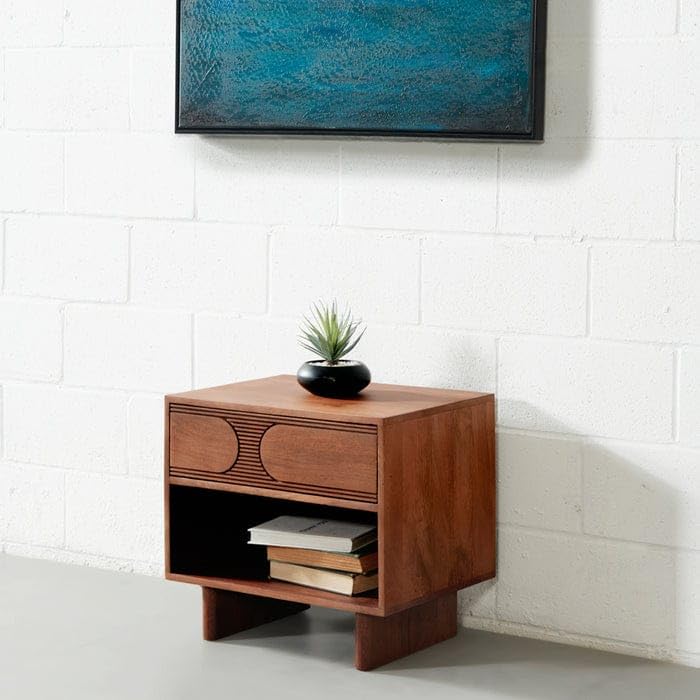 Furniture Decore Mid Century Modern Solid Wood Bedside Table with Retro Carved Drawer | Walnut Brown Finish | Plinth Base Nightstand | Compact 45cm x 40cm x 55cm | Bedroom Nightsta-image-44