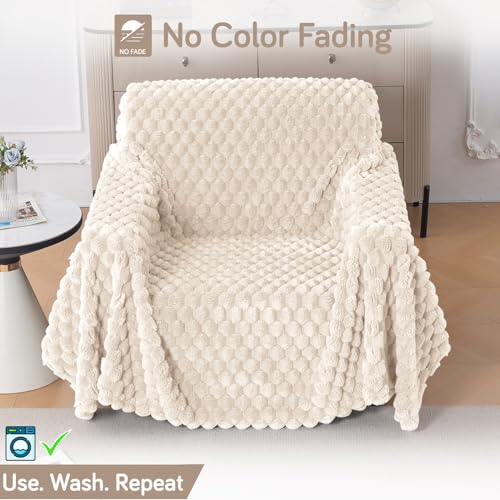 Image of HOKIPO Luxury Premium Rabbit Wool Plush Fluffy Sofa Cover, Sofa Throw for 1 Seater Sofa, 180(D) x 190(L) cm, 'Bunnysoft Series' Cream (AR-5073-WHT)