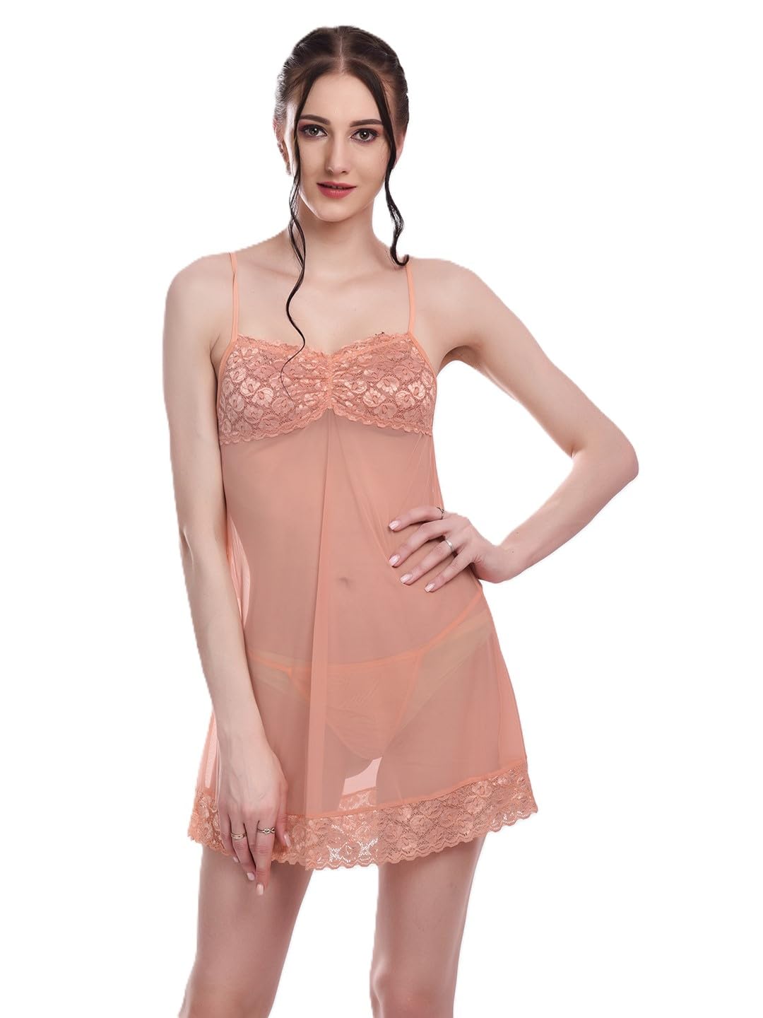 kapcha Women’s Peach Sheer Lace with Matching Panty – Sexy Transparent Nightwear for Honeymoon, Bridal & Romantic Nights-picture-39