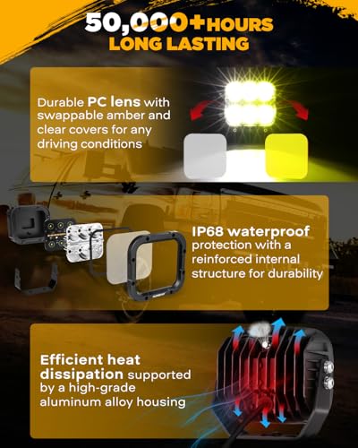 Image of Auxbeam XP-Ultra Series 5-Inch Amber DRL 3-Mode Offroad Cube Lights 2-Pack | 132W 15600LM, Spot Flood Combo, Dual Color Temp, Amber White Lens Covers, IP68 Waterproof, Plug and Play, Universal Fit