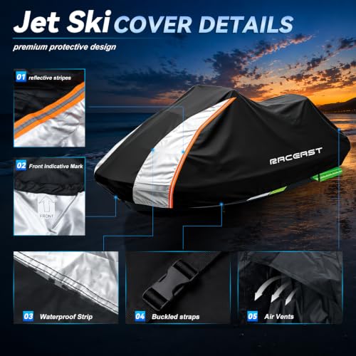 Image of Jet Ski Cover 136-145 Inch, 600D Heavy Duty Trailerable PWC Cover | Waterproof UV Resistant, Fits Seadoo Yamaha Kawasaki Personal Watercraft, Personal Watercraft Cover for 3 Seater Jet Ski