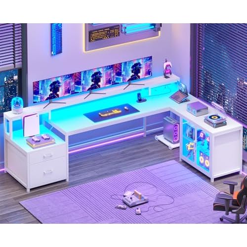 SEDETA Corner Computer Desk, Reversible L Shaped Computer Desk with Drawers and Power Outlet, 78.7” Large Gaming Desk with Led Lights, Storage Shelv