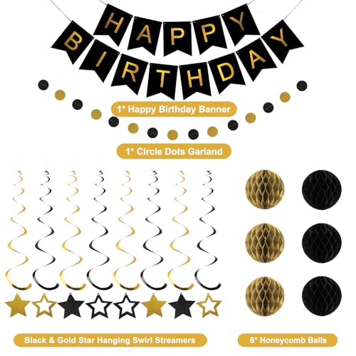 Image of Birthday Decorations Happy Birthday Banner with Honeycomb Balls | 16pcs Birthday Set: 1 Banner+6 Honeycomb Balls+8 Star Spirals+1 Circle Dots, Happy Birthday Decor - Black and Gold
