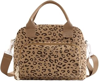 DOB SECHS Large Corduroy Lunch Bag for Women Cute Leopard Print Insulated Lunch Box with Bottle Holder Crossbody Strap Tote Handbag for Work Picnic Camping Travel Reusable Lunch Boxes for Adult, Brown