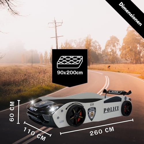 Coemo Kinder Autobett V2 Police Kinderbett 90x200 im Rennwagen super Streifenwagen Design mit LED Beleuchtung und Lattenrost für Jungen und Mädchen - Betten Farbe Weiß