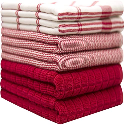 Image of Premium Kitchen Towels (20 inchx 28 inch, 6 Pack) | Large Cotton Dish Towels | Flat & Terry Highly Absorbent Kitchen Linen Set with Hanging Loop | Red Check