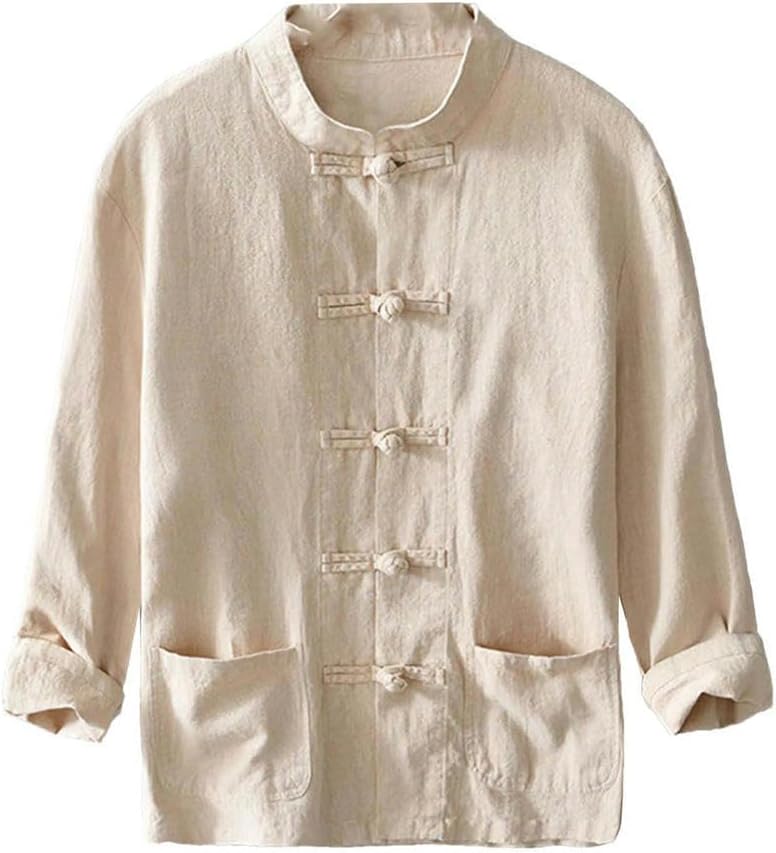 Chinese Style Men's Shirt Solid Color V-Neck Casual Shirt Chinese Knot Button Long Sleeve Men's top