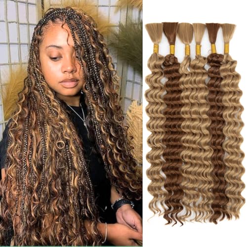 Boho Hair for Braiding, 6 Bundles 20 Inch Deep Wave Bulk for Boho Braids No Weft 200G Curly Bohemian Wet and Wavy Braiding Hair Extensions,(P27/30#)
