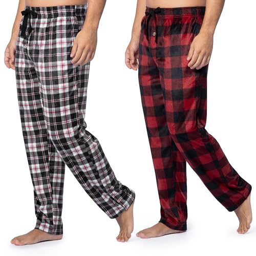 Fruit of the Loom Men's Microsuede Fleece Sleep Pajama Pants, 2-Pack, Black Plaid/Red Check, Large
