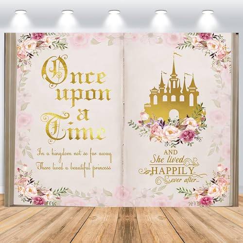 ASDCXZ Once Upon a Time Telón de Fondo 2,2x1,5 m, Flores Rosadas Castillo Dorado Princesa Cumpleaños Vinilo Fondo de Fotografía para Niña Primera Fiesta de Cumpleaños Decoración de Mesa de Pastel