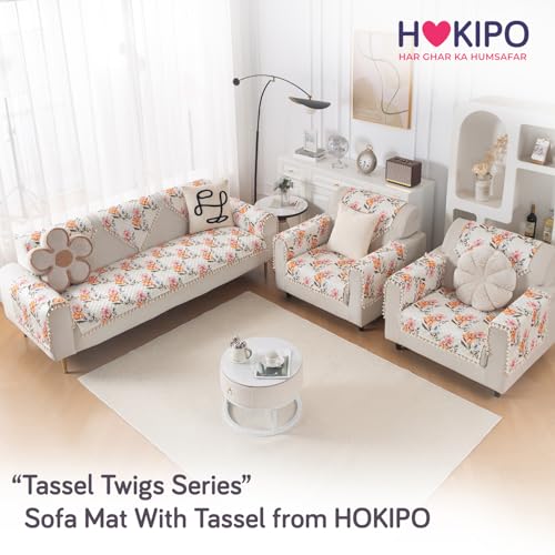 Image of HOKIPO Painterly Floral Quilted Sofa Cover 5 Seater Set - Washable 3+1+1 Sofa Cover Mat with Tassel Design | 'Tassel Twigs' Series (IN-985-T8 + IN-982-T8*2)