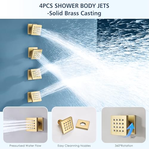 Image of Shower Body Sprays Systems with Push Button, 10 inch Rain Shower Head with 4PCS Body Jets and Handheld Shower Faucet Sets Complete, All Metal Shower Jets System,Rough-in Valve,Brushed Gold