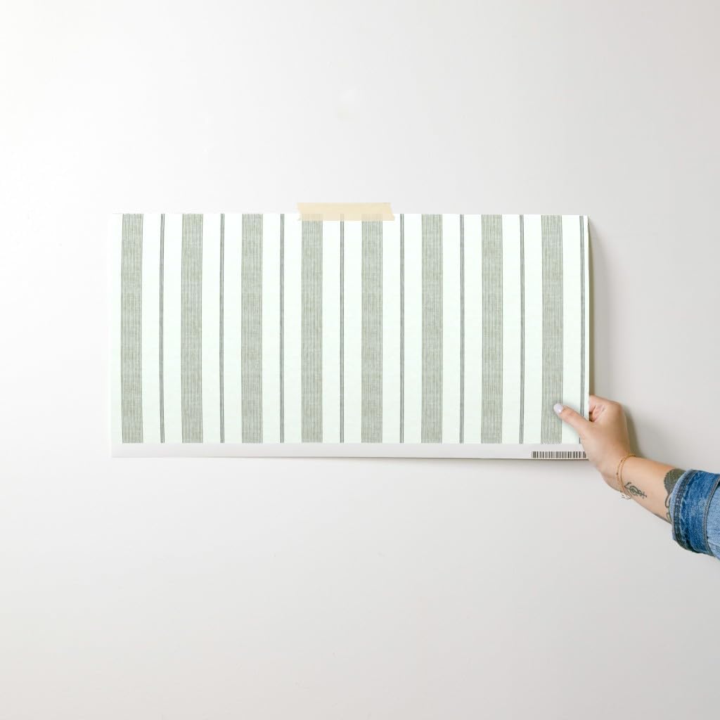 Spoonflower Peel & Stick Wallpaper Swatch - Ticking Stripes Classic Striped Vertical Farmhouse Transitional Neutral Cream Green Custom Removable Wallpaper