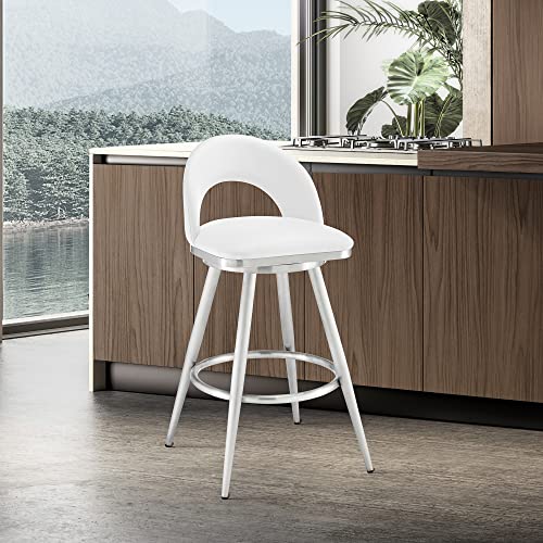 Armen Living Charlotte Swivel Counter Stool in Brushed Stainless Steel with White Faux Leather